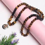 Original Silver Salasar Balaji Pendant With Tiger Eye & Matt Black Agate Mala