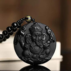 Natural Black Obsidian Stone Hand Carved Ganesha Goodluck Pendant