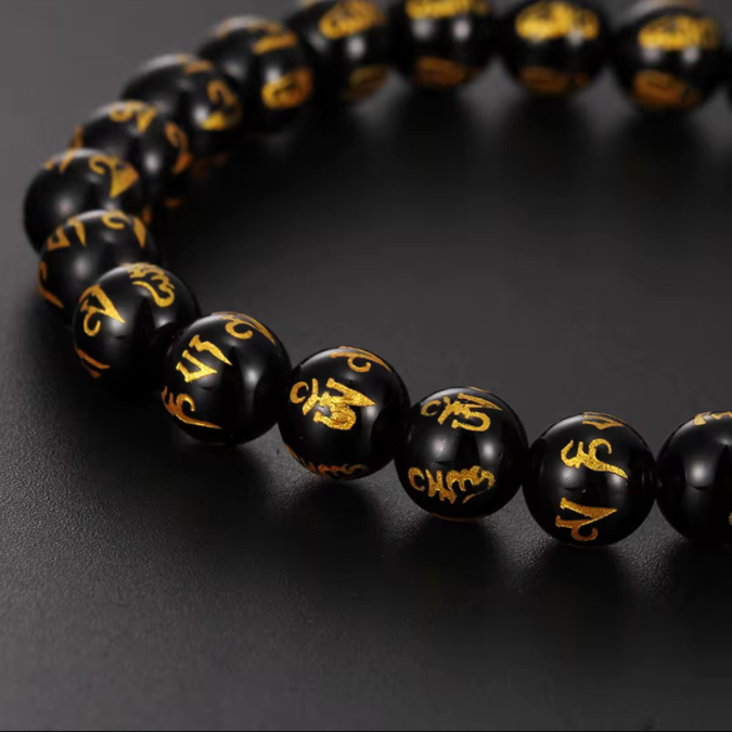 Natural Obsidian Om Mani Goodluck Bracelet