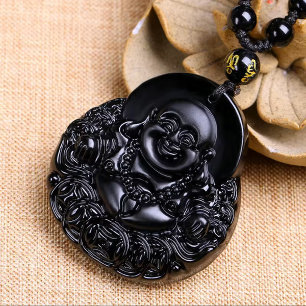 Natural Black Obsidian Stone Lucky Laughing Buddha Pendant