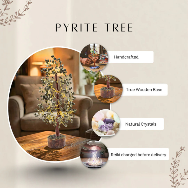 Natural Pyrite 300 Chips Crystal Tree with Wooden Base