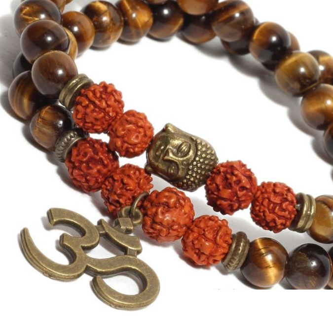 Natural Rudraksha & Tiger Eye Om Buddha Bracelet