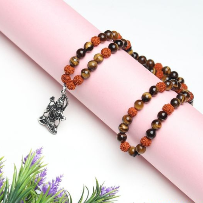 Natural Rudraksha & Tiger Eye Stone Stainless Steel Shiva Pendant