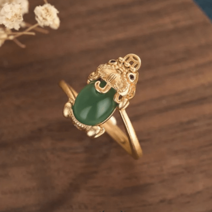 Golden Pixiu With Green Aventurine Goodluck Ring