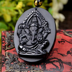 Natural Black Obsidian Stone Lambodar Ganpati Goodluck Pendant