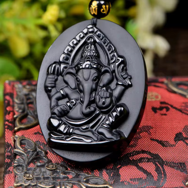 Natural Black Obsidian Stone Lambodar Ganpati Goodluck Pendant