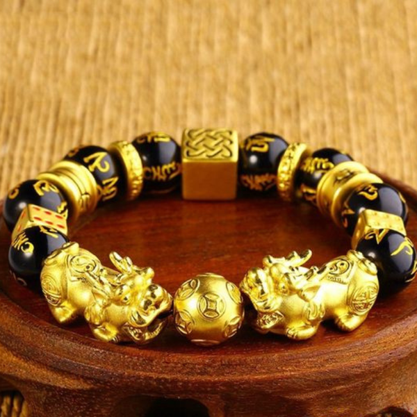 Gold Plated With Obsidian Stone Double Wealth Pixiu Fengshui Bracelet