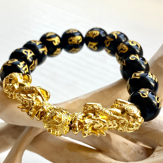 Natural Black Obsidian Double Fengshui Wealth Charm Bracelet