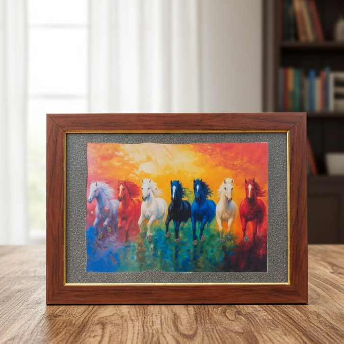 Natural Pyrite 7 Colorful Horses Yantra Frame For Office & Home