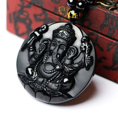 Natural Black Obsidian Stone Hand Carved Ganesha Goodluck Pendant