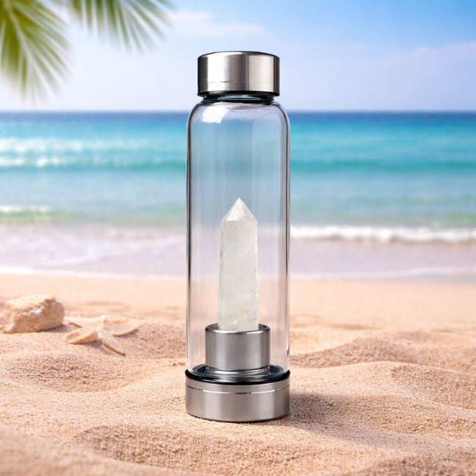 Natural Crystal Quartz Pencil With Glass Water Bottle
