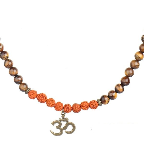 Natural Rudraksha & Tiger Eye Om Buddha Goodluck Pendant Mala