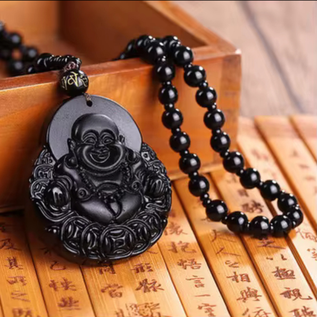 Natural Black Obsidian Stone Lucky Laughing Buddha Pendant