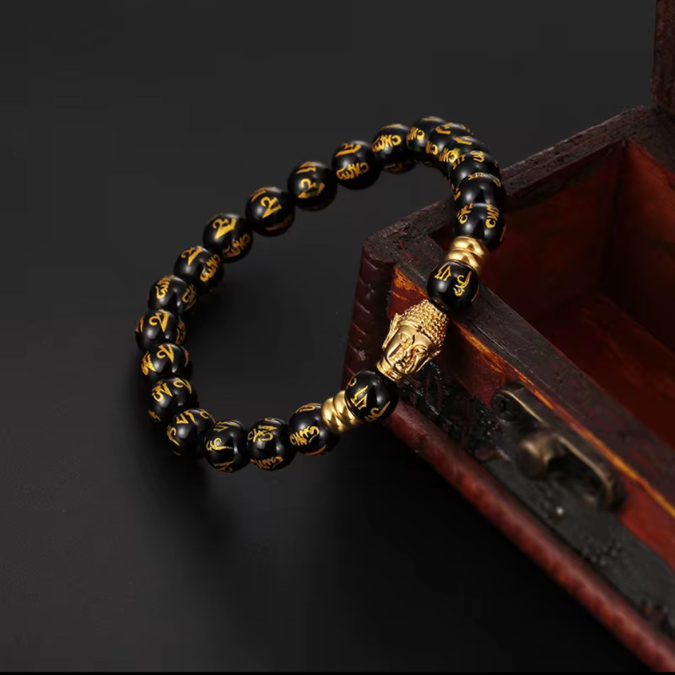 Natural Obsidian Om Mani Goodluck Bracelet