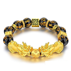 Gold Plated With Obsidian Stone Double Wealth Pixiu Fengshui Bracelet