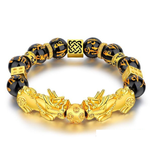 Gold Plated With Obsidian Stone Double Wealth Pixiu Fengshui Bracelet