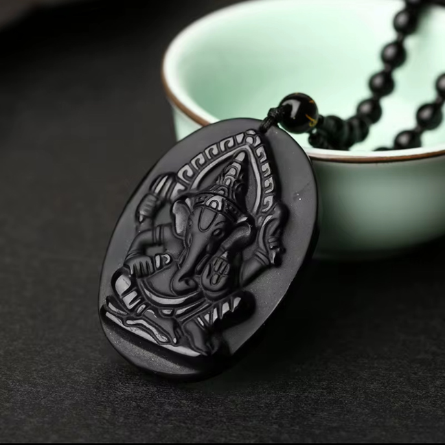 Natural Black Obsidian Stone Lambodar Ganpati Goodluck Pendant