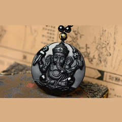 Natural Black Obsidian Stone Hand Carved Ganesha Goodluck Pendant