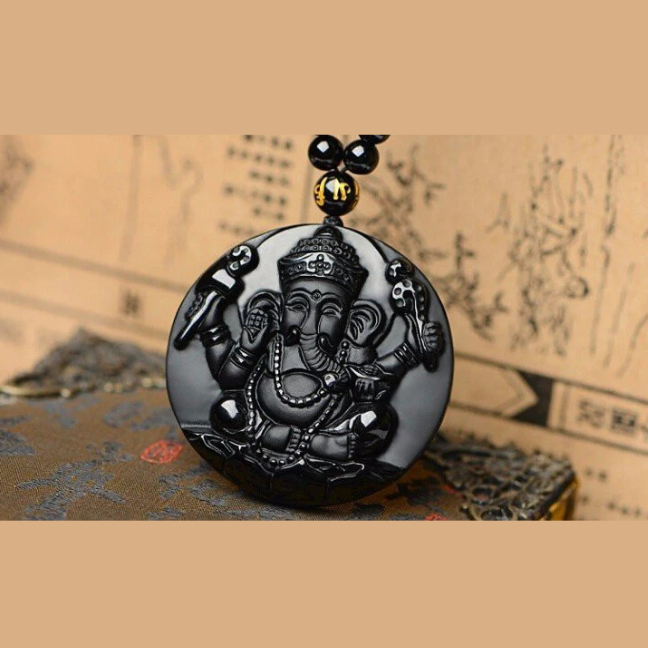 Natural Black Obsidian Stone Hand Carved Ganesha Goodluck Pendant