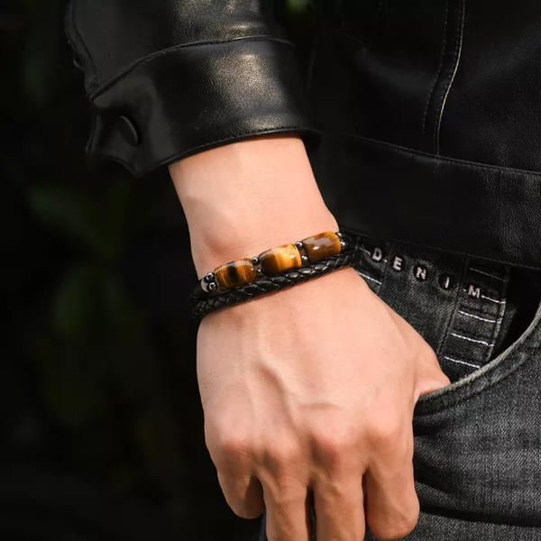 Karj Mukti Tiger Eye & Pyrite Money Manifest Leather Bracelet