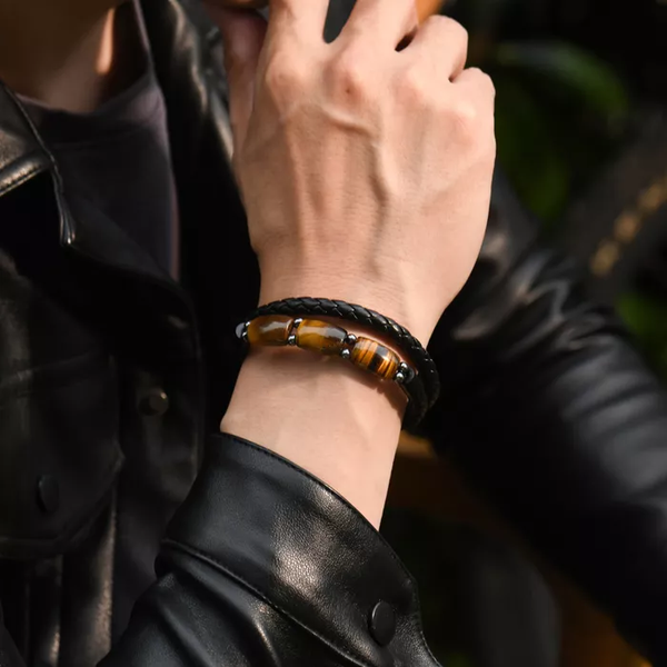 Karj Mukti Tiger Eye & Pyrite Money Manifest Leather Bracelet