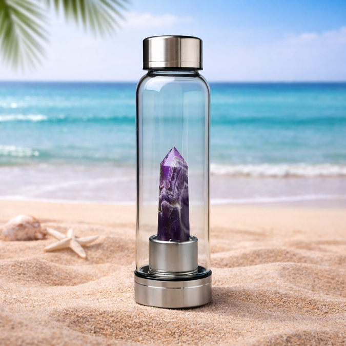 Natural Amethyst Pencil With Glass Water Bottle