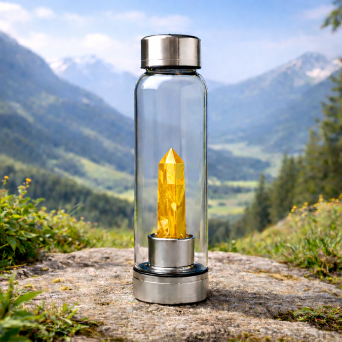 Natural Citrine Pencil With Glass Water Bottle