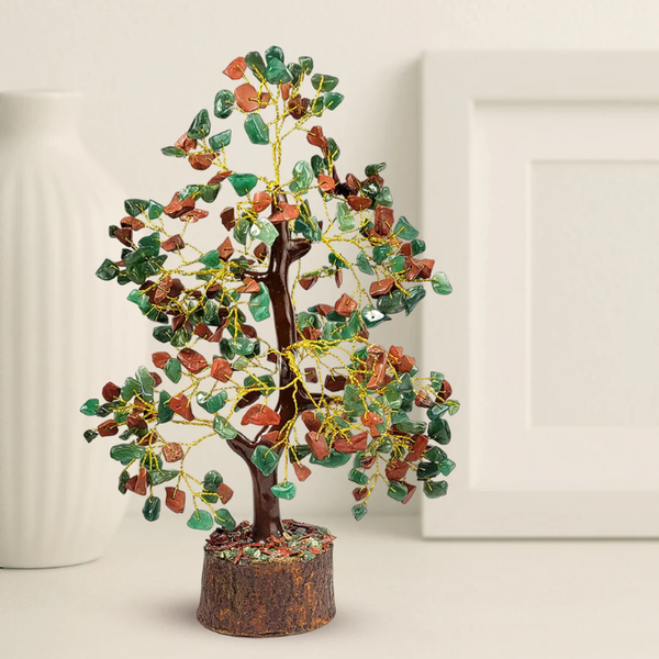 Natural Green Jade & Red Jasper 300 Chips Crystal Tree with Wooden Base