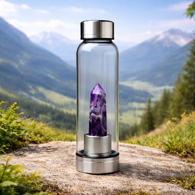 Natural Amethyst Pencil With Glass Water Bottle