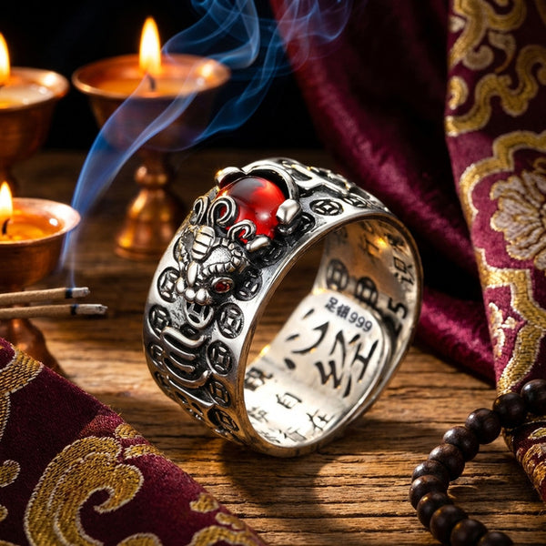 Fengshui Pixiu Red Garnet Wealth Mantra Ring