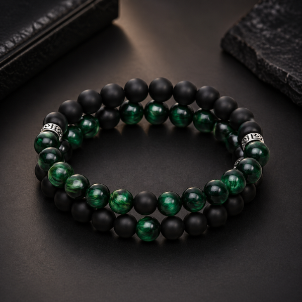 Natural Green Tiger Eye & Black Agate Stone Bracelet