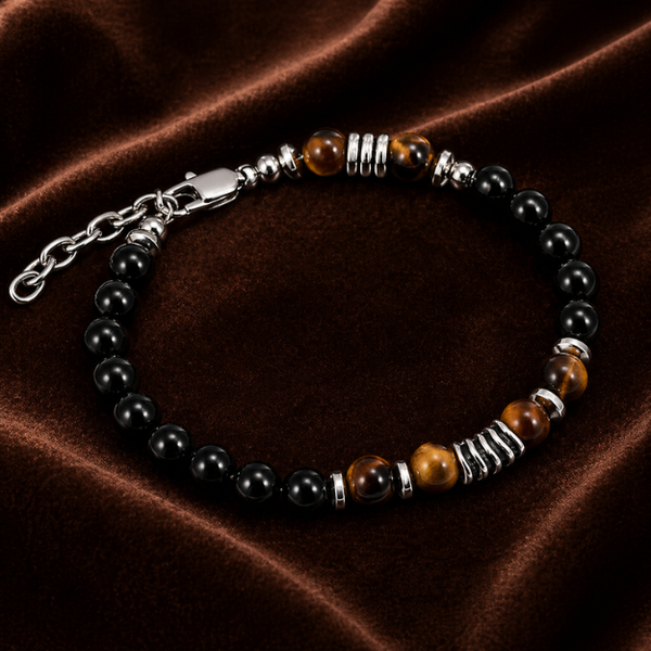 Natural Tiger Eye & Black Onyx Stone Stainless Steel Bracelet