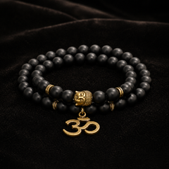 Natural Black Matte Agate Om Buddha Bracelet