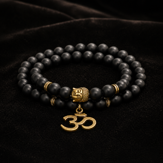 Natural Black Matte Agate Om Buddha Bracelet