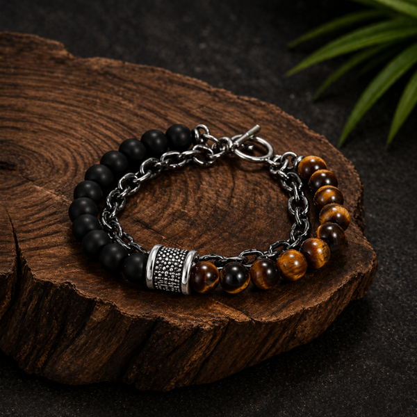 Natural Tiger Eye & Matt Agate Stone Stainless Steel Bracelet