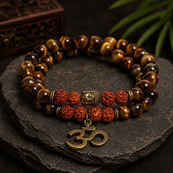 Natural Rudraksha & Tiger Eye Om Buddha Bracelet