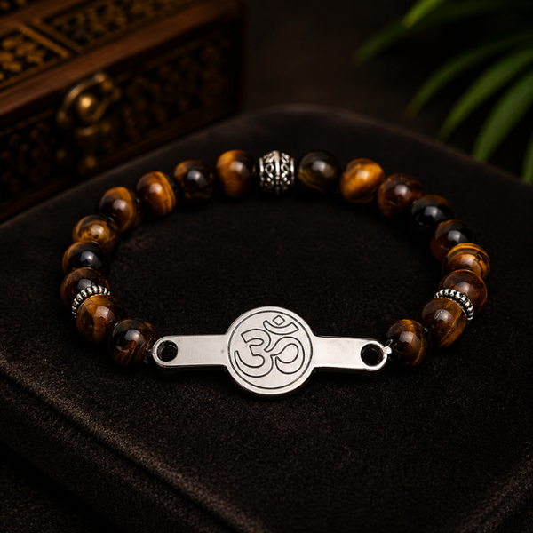 Natural Tiger Eye Stainless Steel Om Bracelet