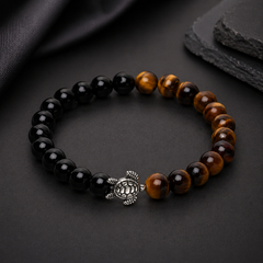 Natural Tiger Eye & Black Onyx Stone Turtle Good Luck Bracelet