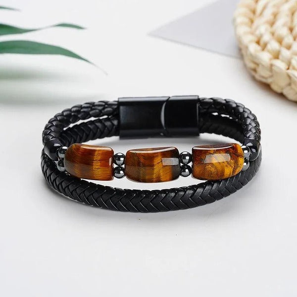 Karj Mukti Tiger Eye & Pyrite Money Manifest Leather Bracelet