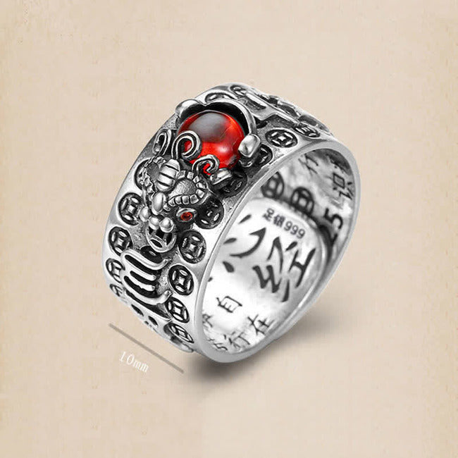 Fengshui Pixiu Red Garnet Wealth Mantra Ring