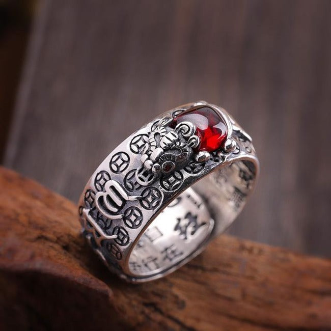 Fengshui Pixiu Red Garnet Wealth Mantra Ring