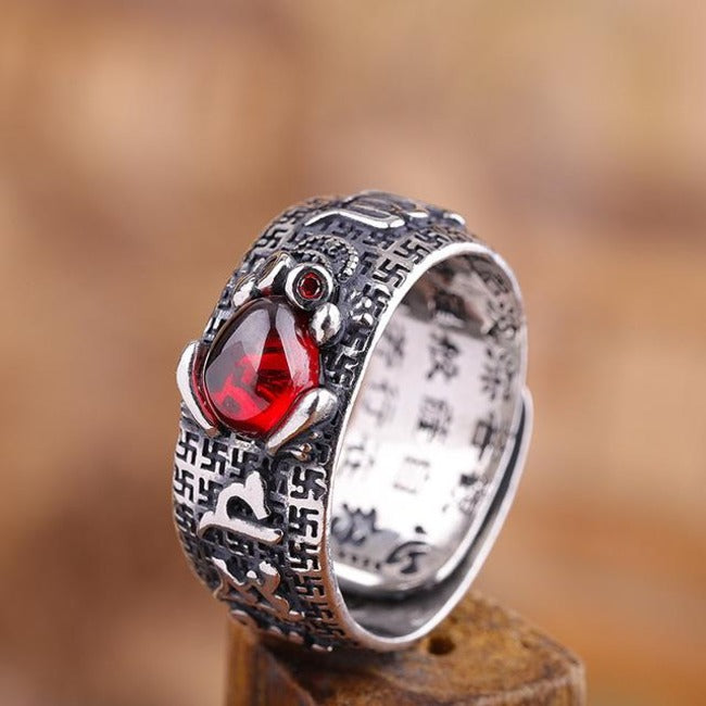 Fengshui Pixiu Red Garnet Wealth Mantra Ring