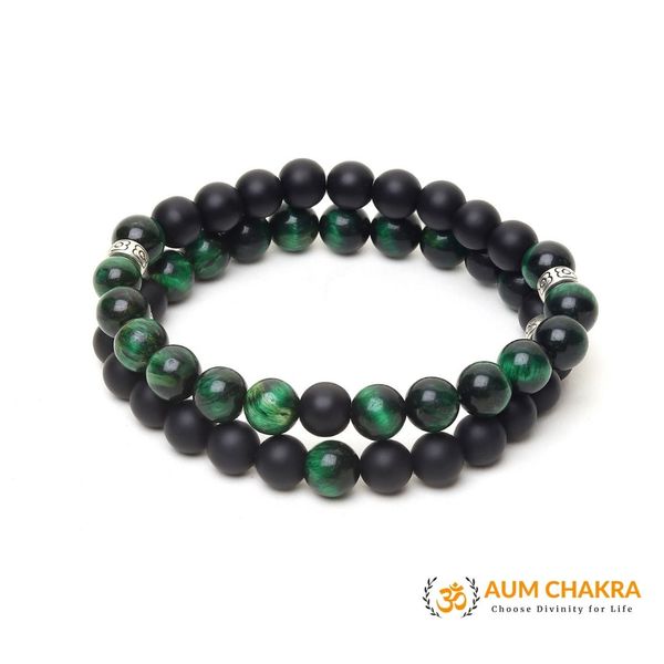 Natural Green Tiger Eye & Black Agate Stone Bracelet