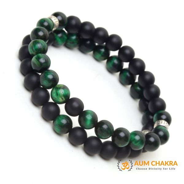 Natural Green Tiger Eye & Black Agate Stone Bracelet