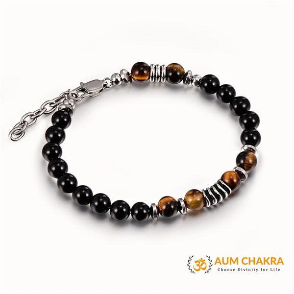 Natural Tiger Eye & Black Onyx Stone Stainless Steel Bracelet