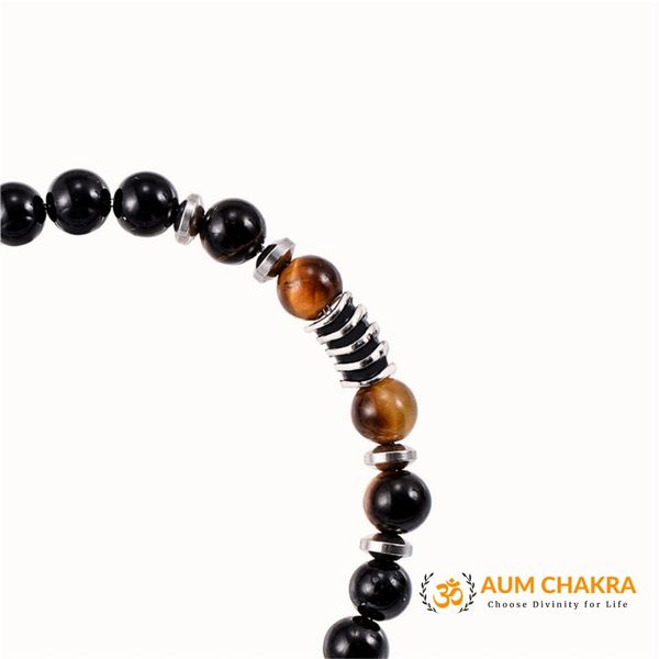 Natural Tiger Eye & Black Onyx Stone Stainless Steel Bracelet