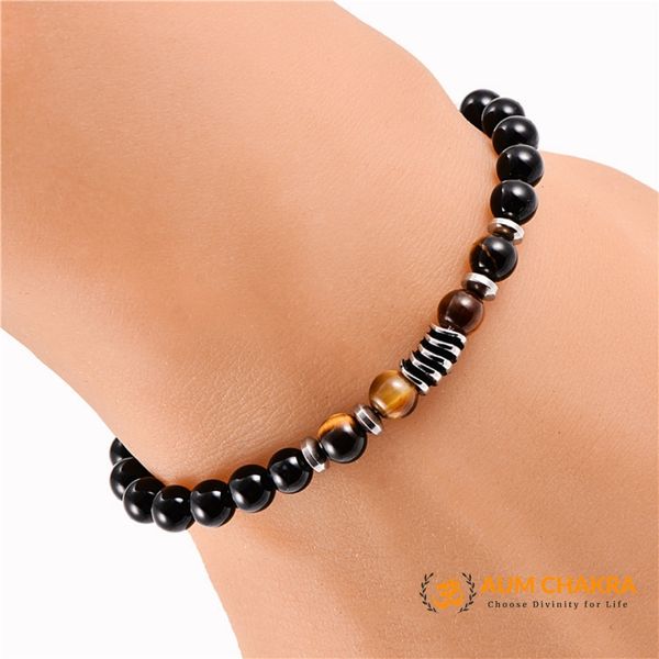 Natural Tiger Eye & Black Onyx Stone Stainless Steel Bracelet