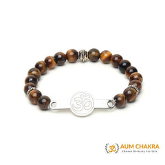 Natural Tiger Eye Stainless Steel Om Bracelet