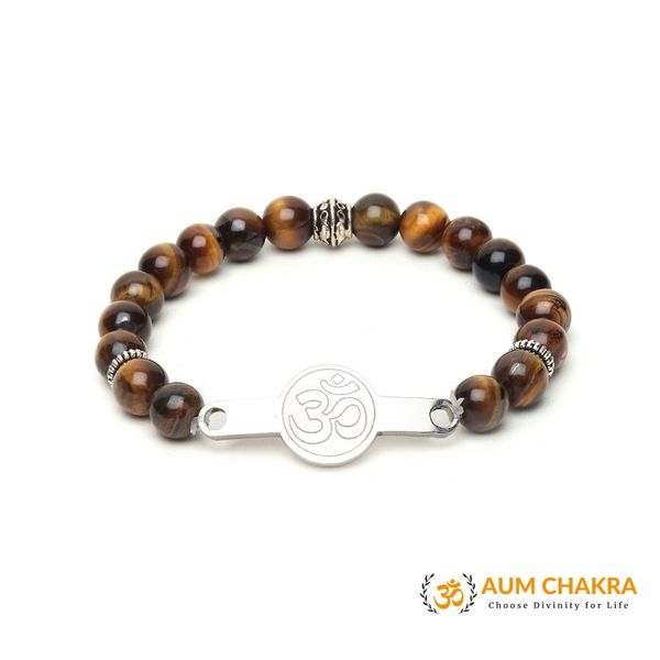 Natural Tiger Eye Stainless Steel Om Bracelet