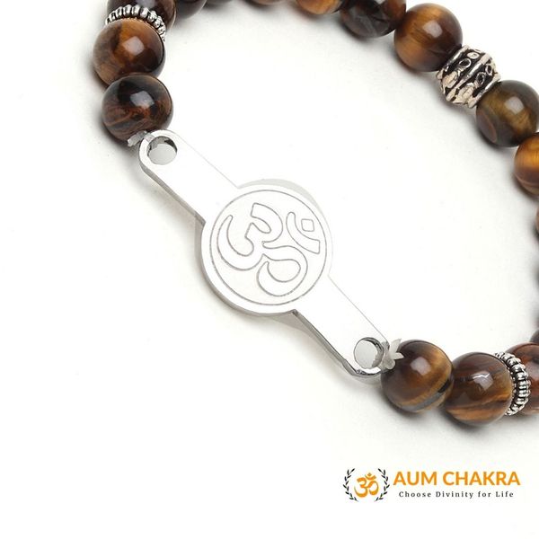 Natural Tiger Eye Stainless Steel Om Bracelet